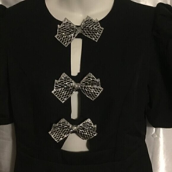 Black Puff Sleeve Cut Out Party Bow Rhinestone Mini Dress L - Picture 12 of 14